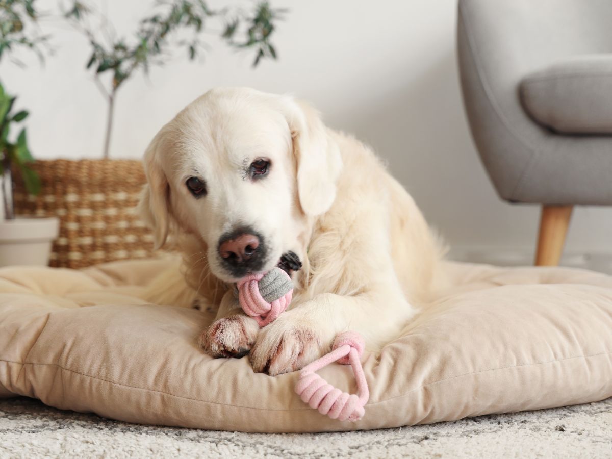 a dog sitting on a cushion with a rope in its mouth